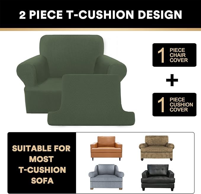 PrinceDeco 2 Pieces T Cushion Chair Slipcover Stretch Couch Covers for T Cushion Sofa Slipcovers Chair Covers for Armchair with 1 Individual T Shape Seat Covers (29"-40"), Bronze Green