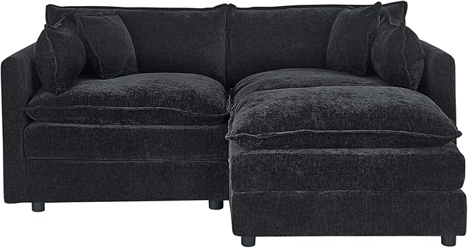 Setawix Deep Loveseat Couch with Ottoman,Large L-Shaped 2 Seater Cloud Couches for Living Room,77.16" Chenille Cloud Sofas with Deep Seat,Modular Sectional 2 Seat Sofa for Bedroom (Black, 2+1)