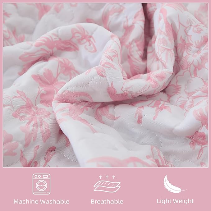 WONGS BEDDING Quilt Queen Size, Pink Quilt Bedding Set with 2 Pillowcases, Botanical Quilt for Queen Bed, Soft Microfiber Lightweight Coverlet Bedspread for All Season (96"×90", 3 Pieces)