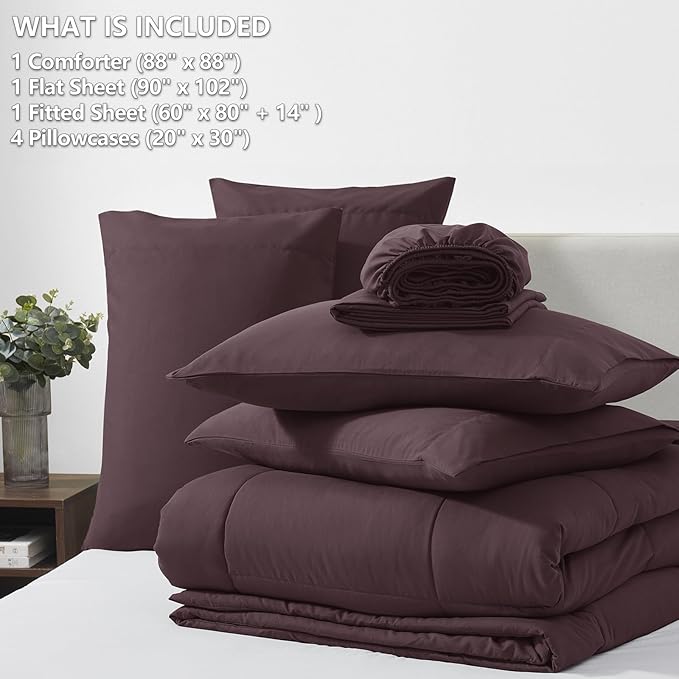CozyLux Queen Comforter Set Cocoa Powder, 7 Pieces Bed in a Bag, Brown Comforters Queen Size, All Season Bedding Sets with Stitch Quilted Comforter, Flat Sheet, Fitted Sheet, Pillowcases