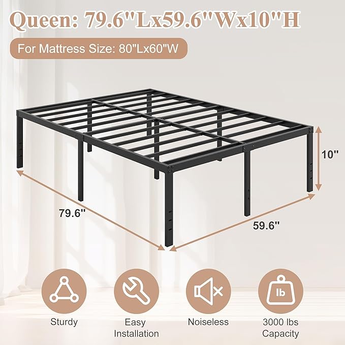 HOBINCHE 20 Inch Queen Size Bed Frame, No Box Spring Needed, Heavy Duty Black Metal Platform Mattress Foundation with Steel Slats, Non-Slip Noise Free Easy Assembly, Large Storage