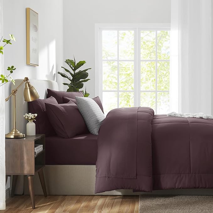 CozyLux Queen Comforter Set Cocoa Powder, 7 Pieces Bed in a Bag, Brown Comforters Queen Size, All Season Bedding Sets with Stitch Quilted Comforter, Flat Sheet, Fitted Sheet, Pillowcases