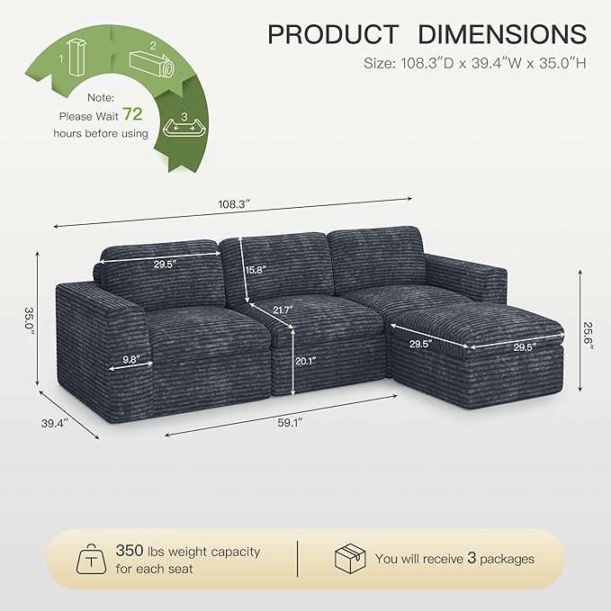 Plush Corduroy Cloud Sectional Couches for Living Room Boneless Modular Sectional Sofa Convertible 3-Seater L Shaped Couch with Ottoman. Grey Sofa.