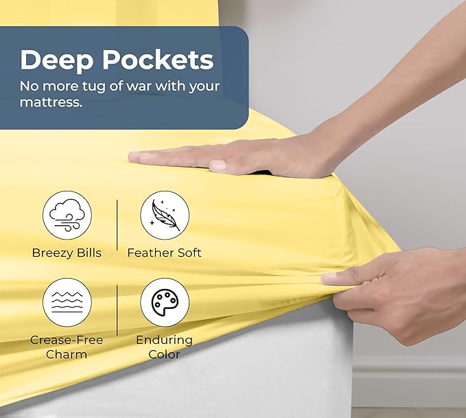 Royale Linens 100% Organic Cotton Fitted Sheet - Percale Weave - Super Soft Deep Pocket Bottom Sheets - Elastic Sheet Full Size - Full Fitted Sheets Only - (54"x75"+15", Yellow)