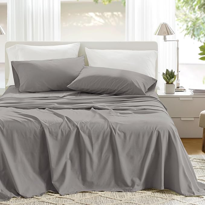 Comfort Spaces 100% Cotton Sheets Cal King, Breathable & Soft Cotton Sheets, Naturally Cool Cotton Bed Sheets with 14" Elastic Pocket Fits up to 16" Mattress, All Season Sheet Set, Dark Gray 4 Piece