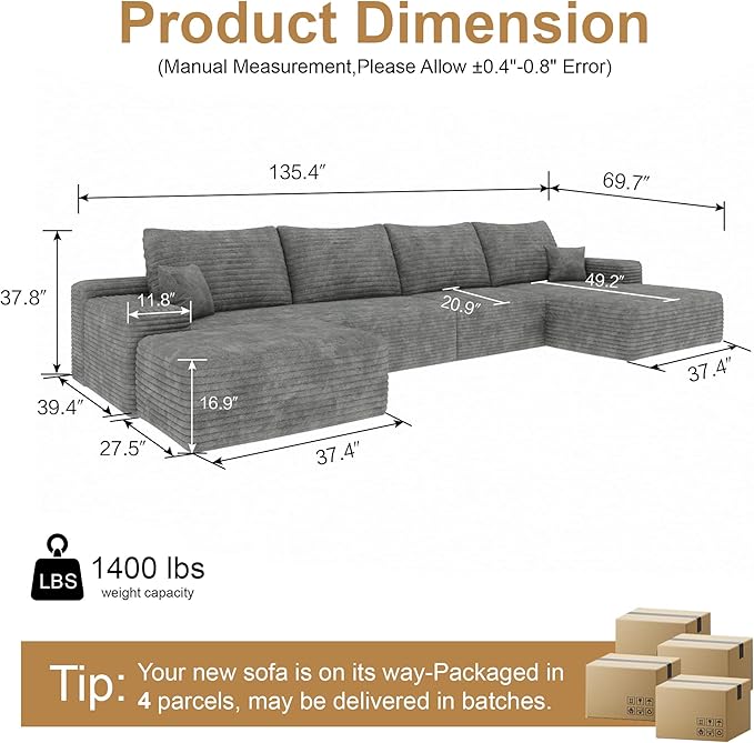 136" Sectional Couches for Living Room Cloud Couch Sofa with L-Shape Upholstered Boneless Couchs Modern Modular Sectional Couch with Chaise (Grey, 136" Right Facing Chaise+3Seaters+Ottoman)