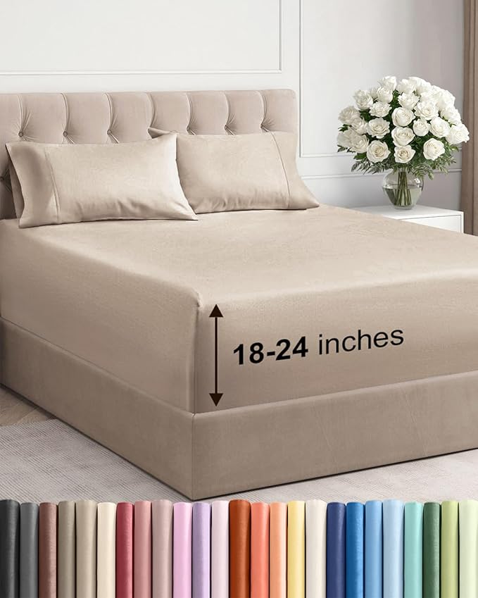Extra Deep Twin XL Sheet Set - 4 Piece Breathable and Cooling Sheets - Hotel Luxury Bedding for Women, Men, Kids & Teens - Easy & Secure Fit - Soft, Wrinkle Free and Comfy - Extra Deep Pockets - Wheat