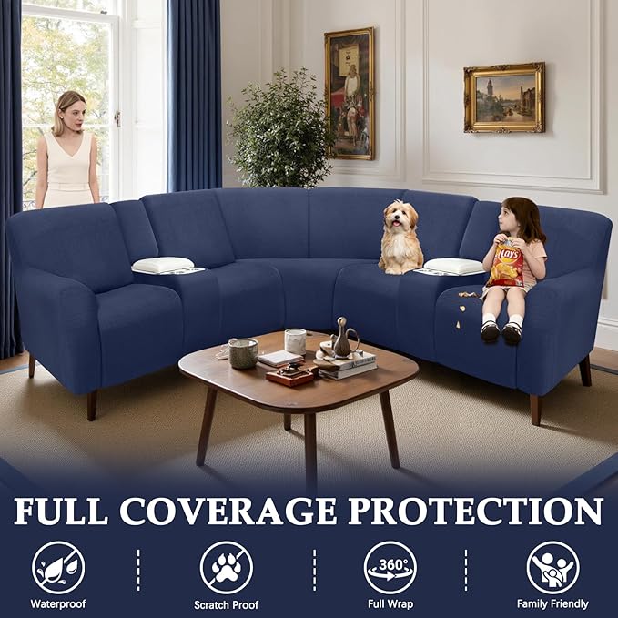 Waterproof Reclining Sectional Couch Covers Washable L Shaped Couch Cover for Sectionals Recliner Sofa Covers Stretch Corner Recliner Slipcovers(5 Seater 2 Console Cover, Navy Blue)