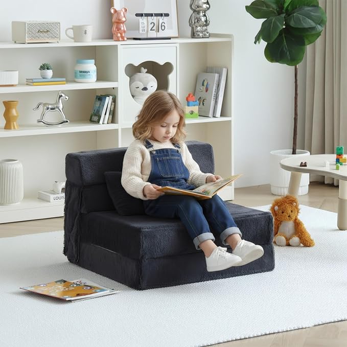Tiita Convertible Folding Kids Sofa Bed with Pillow & Storage Bag, Plush Fabric Floor Mattress Couch Bed, Washable Cover, Kids Room, Playroom, Dorm, Apartment, Navy