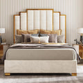AMERLIFE Queen Size Upholstered Bed, Modern Velvet Bed Frame with 61.4” Tall Gold Trim Headboard, No Box Spring Needed, Cream