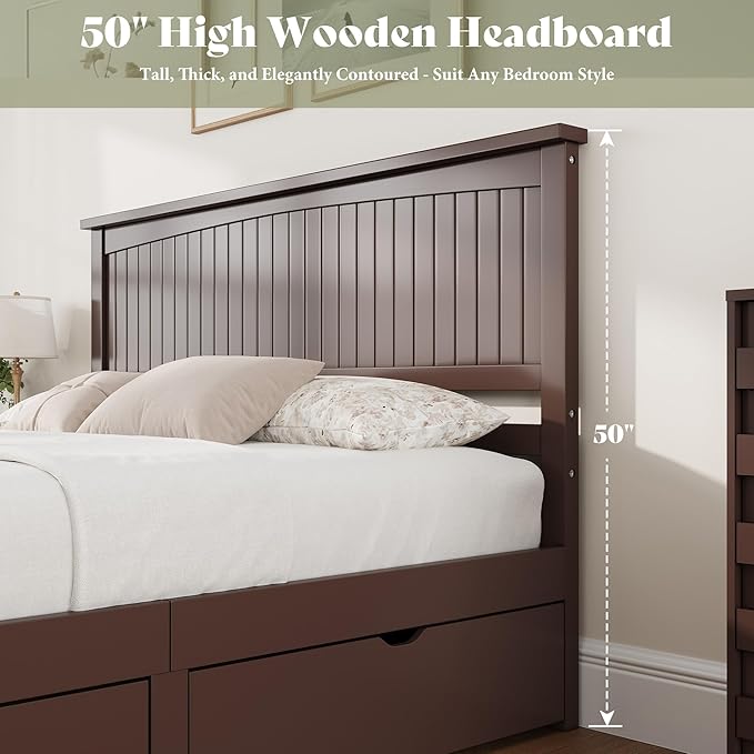 AMERLIFE Solid Wood Full Size Storage Bed Frame with Headboard, Platform Bedframe with 2 Storage Drawers, Beadboard Design & Wooden Slats/No Box Spring Needed/Noise-Free, Espresso Brown Finish