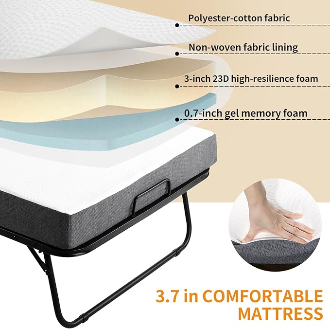 MAMIZO Foldable Bed,Portable Bed,Folding Bed with Mattress,75" x 31" Twin Size Rollaway Bed with Mattress for Adults,Metal Frame with Memory Foam Mattress,for Bedroom,Office,Camp,No Assembly Required