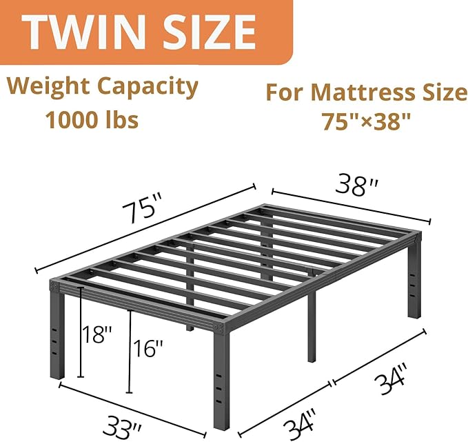 ZIYOO Twin Bed Frames, 18 Inches Platform Bed Frame, 1000lbs Heavy Duty Steel Slat, Non-Slip Design, No Box Spring Needed, Easy Assembly, Quiet Noise Free, Under Bed Storage Space, Black