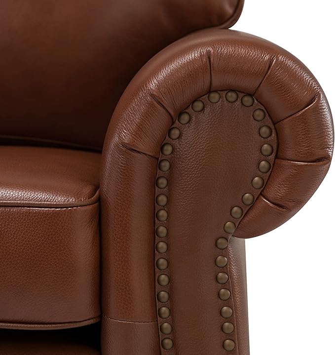 HULALA Home 81'' Genuine Leather Sofa with Nailhead Trim and Rolled Armrests, Mid-Century Modern Living Room 3-Seater Couch, Brown Couch with Removable Cushion for Bedroom Apartment