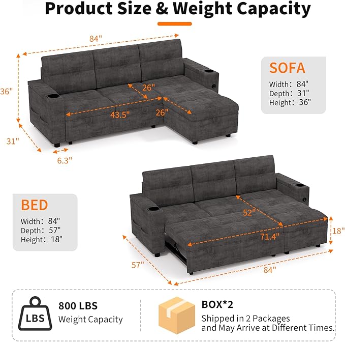 Garvee Couches for Living Room, 84'' Sofa Bed，l-Shaped Sectional Sleeper Sofa with Pull Out Bed，Reversible Storage Chaises， Hidden Storage Armrests，Cup Holders & USB Charging Ports
