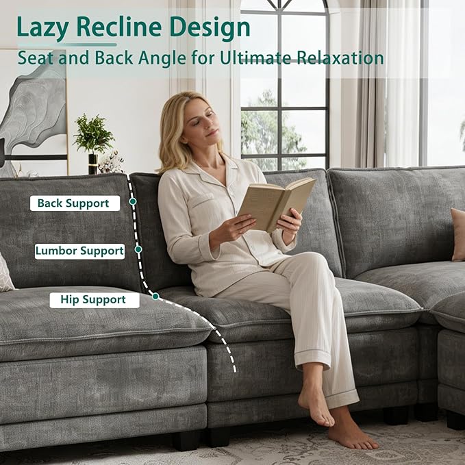 Modern L Shaped Sofa Couches for Living Room, Modular Sectional Cloud Couch with Movable Ottoman, Comfy Chenille Sofa for Apartment and Small Space, Dark Gray