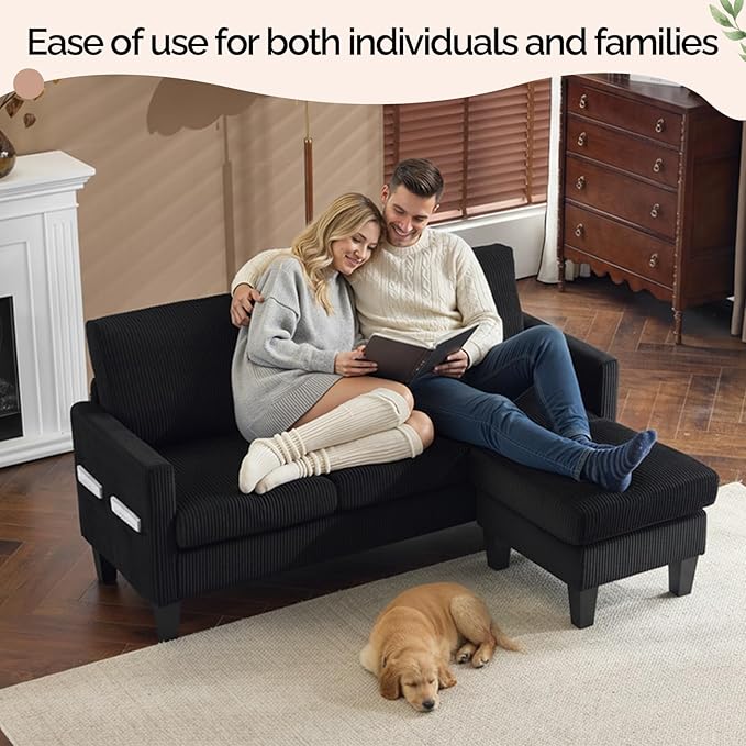 VINGLI 68.5' L Shaped Couch with Movable Storage, Convertible Sectional Sofa in Corduroy Fabric, Modern Reversible Chaise Couch for Small Spaces, Apartment, Living Room，Black