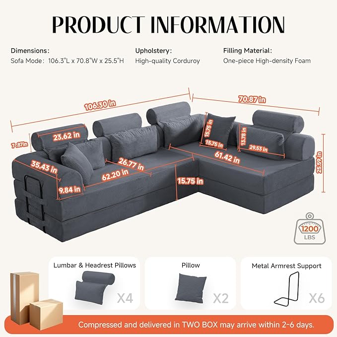 106" L-Shaped Modular Boneless Couch, 2-Piece System (2×70.87"), Convertible Sectional to 141.7" Straight Sofa, Corduroy Couch in a Box, Headrest & Back Pillows for Living Room, Dark Blue