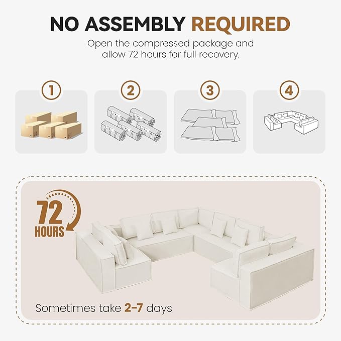138'' Boneless Chenille U Shaped Couch, Oversized Modular Sectional 9 Seater Sofa, Modern Deep Seat Corner Cloud Compressed Couch, No Assembly Sleeper Sofa with Chaise for Living Room, Beige