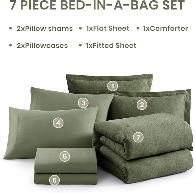 Monbix California King Comforter Set - 7 Pieces Cationic Dyeing Olive Green Bed in a Bag Cal King Bedding Sets with Comforter, Sheets, Pillowcases & Shams, Reversible Bedding Comforters Sets