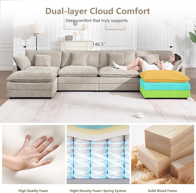 147" Modular Sectional Sofa, Oversized U Shaped Sectionals Cloud Couch, Big Comfy Couch with 2 Ottomans, 6 Seater Chenille Sectional Sofa with Deep Seat and 6 Pillows for Living Room- Camel