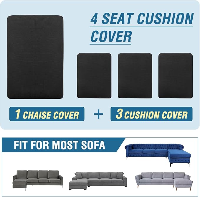 H.VERSAILTEX Sectional Couch Covers 4 Pieces Sofa Seat Cushion Covers L Shape Separate Cushion Couch Chaise Cover for Both Left/Right Sectional Couch (Seat Only: 1 Chaise + 3 Sofa, Black)