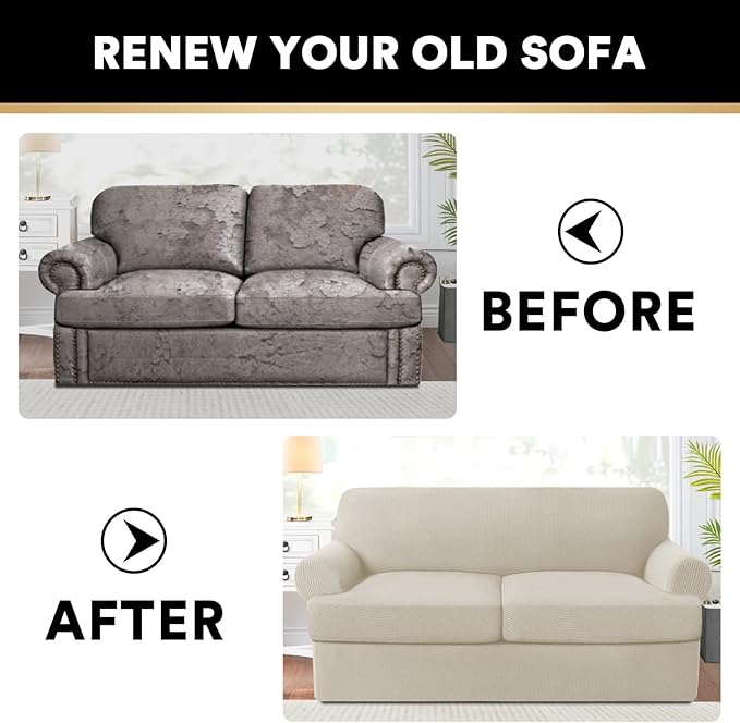 PrinceDeco T Cushion Loveseat Slipcover 3 Pieces Sofa Covers for T Cushion Sofa Stretch Slip Covers for 2 Cushion Couch with 2 Individual T Shape Seat Covers Width Up to 76", Island Fossi