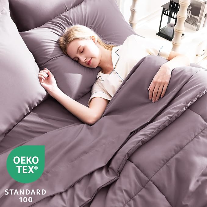 CozyLux Queen Comforter Set Dusty Purple, 7 Pieces Bed in a Bag, Grayish Purple Comforters Queen Size, Bedding Set with All Season Quilted Comforter, Flat Sheet, Fitted Sheet, Pillowcases