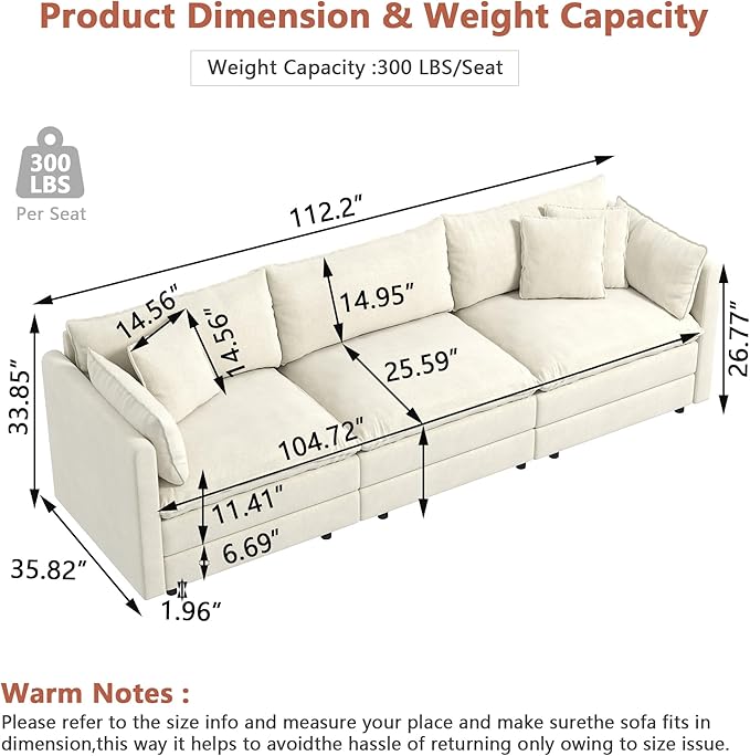 Setawix Chenille Cloud Couches for Living Room,3 Seater Cloud Sofa Couch with Deep Seat,112.2" Roomy Cloud Sofas,Modular Sectional 3 Seat Sofa with Pillows for Bedroom. (Beige, 3 Seater)