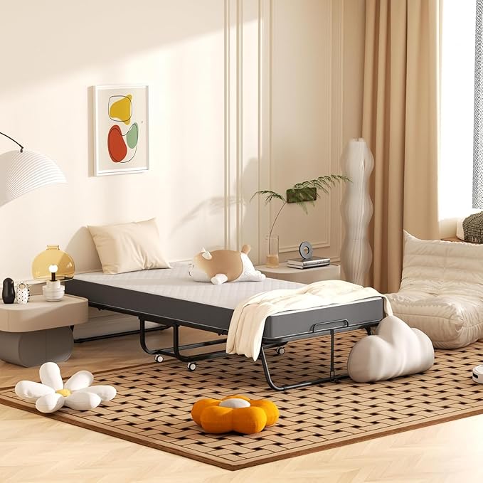 Folding Bed with 5 Inch Memory Mattress, 75” x 38” Foldable Twin Size with Wheels for Adults, Portable Rollaway Bed with Metal Frame for Apartment
