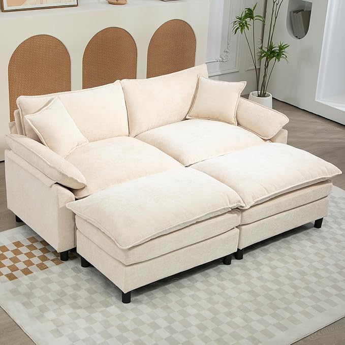 Oversized Modular Sectional Sofa, 80 Inch U Shaped Cloud Couch Set, 2-Seat Comfy Convertible Sofa with 2 Movable Ottoman, DIY Combination Sleeper Couch for Living Room(Chenille, Beige)