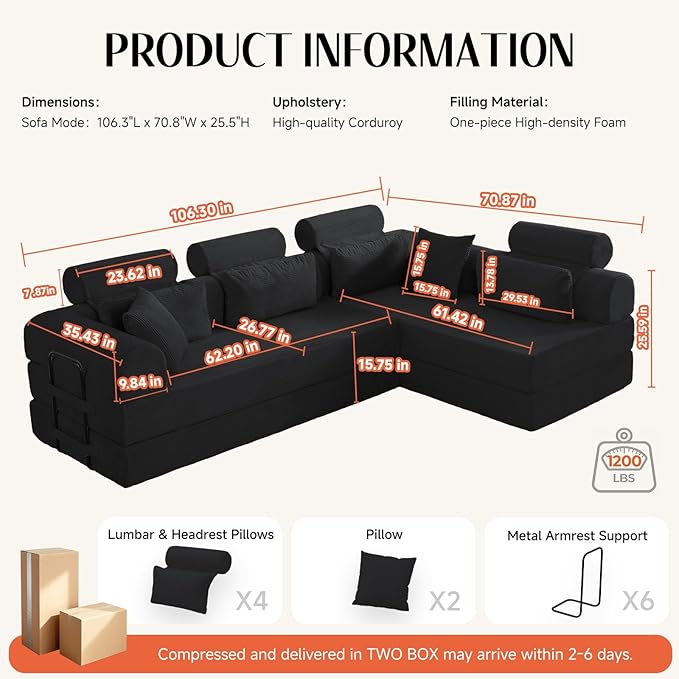 106" L-Shaped Modular Boneless Couch, 2-Piece System (2×70.87"), Convertible Sectional to 141.7" Straight Sofa, Corduroy Couch in a Box, Headrest & Back Pillows for Living Room, Black