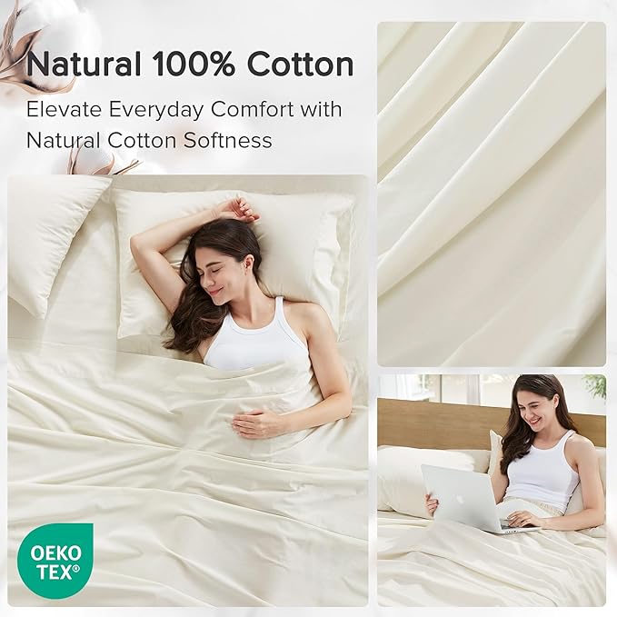 Comfort Spaces 100% Cotton Sheets Cal King, Breathable & Soft Cotton Sheets, Naturally Cool Cotton Bed Sheets with 14" Elastic Pocket Fits up to 16" Mattress, All Season Sheet Set, Ivory 4 Piece