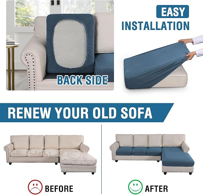 H.VERSAILTEX Sectional Couch Covers 4 Pieces Sofa Seat Cushion Covers L Shape Separate Cushion Couch Chaise Cover for Both Left/Right Sectional Couch (Seat Only: 1 Chaise + 3 Sofa, Dusty Blue)