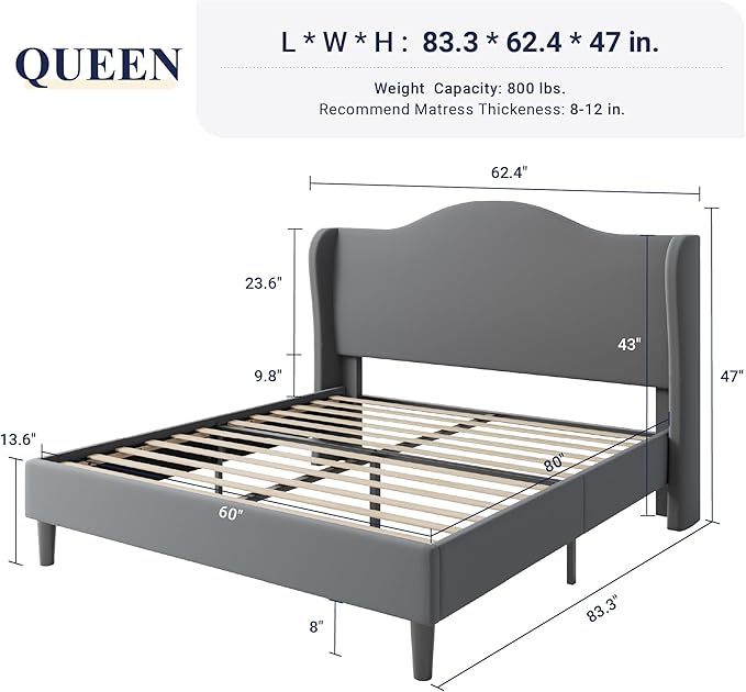 Allewie Queen Size Bed Frame, Upholstered Wingback Platform with 47" Tall Tufted Headboard, Plush Velvet Fabric, Modern Minimalist Design, No Box Spring Required, Tool-Free Assembly, Grey