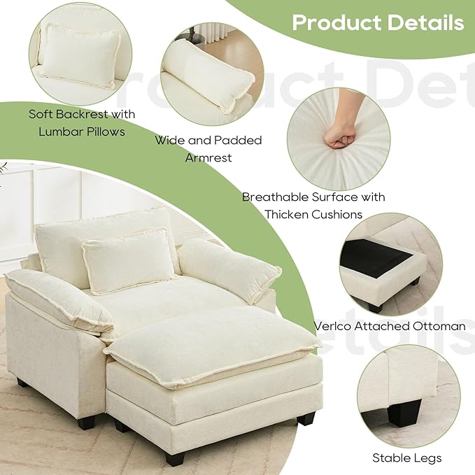 53" Modular Sectional Sofa, Comfy Cloud Couch Sectional Sofa with Ottoman, Chenille Sofa Sleeper Deep Seat Sofa with Throw Pillows for Living Room (Beige White)