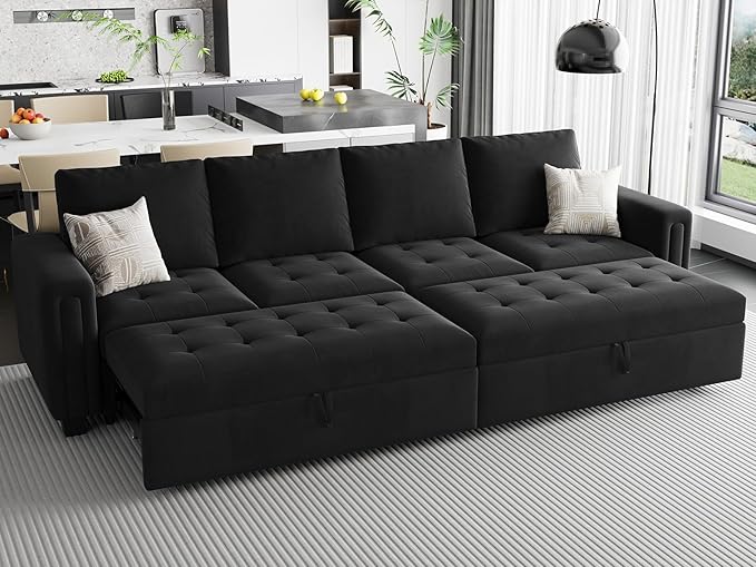 Belffin Modular Sectional Sleeper Sofa with Pull Out Bed Convertible Velvet Sleeper Sofa with Storage Sectional Couches for Living Room Black