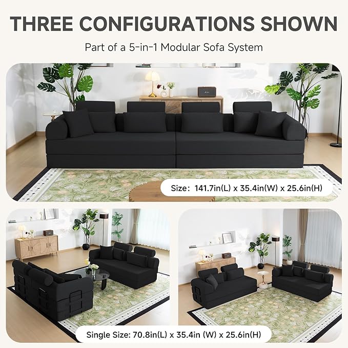 Boneless Sectional for Small Spaces, 106” L Shaped Couch from Two 70.87” Modules, Reconfigures to 141.7” Straight Sofa, Corduroy Compressed Couch in a Box with Headrest Back Pillows, Black