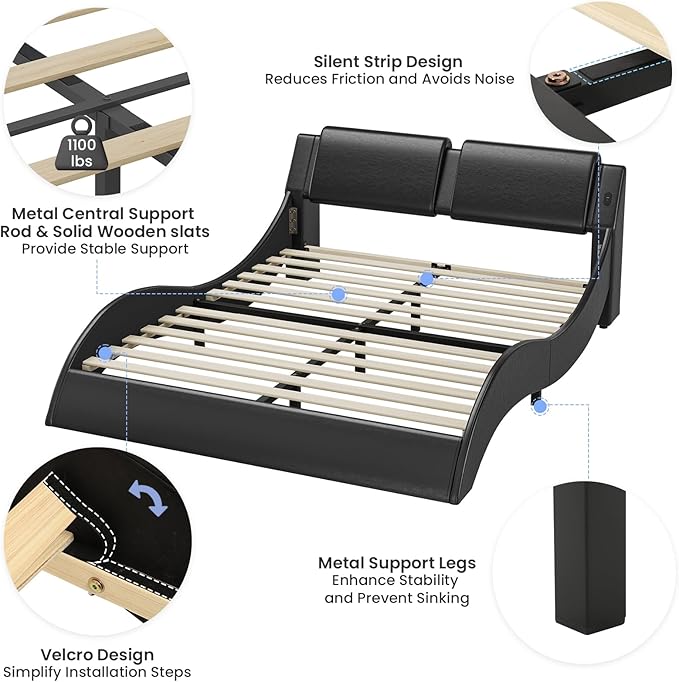 DICTAC Queen Bed Frame with Led Lights and Charging Ports Modern Upholstered Queen Size Platform Bed with Headboard Faux Leather Wave Like Curve Low Profile Platform Bed Frame,Wood Slats Support,Black