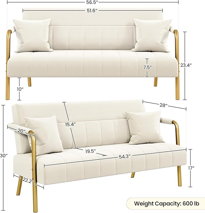 Yaheetech 56.5" W Modern Sofa Small Sofa Luxurious Velvet Fabric Couch with Gold-Tone Metal Arms and Legs for Living Room, Home Office, Studio Beige