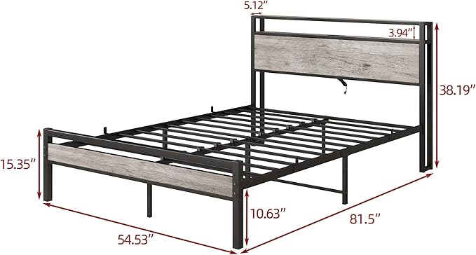BOFENG Full Size Bed Frame with Storage Headboard/Charging Station,Heavy Duty Metal Platform Bed Frame Full,Reinforced Steel Slats Support,No Box Spring Needed,Noise Free,Grey