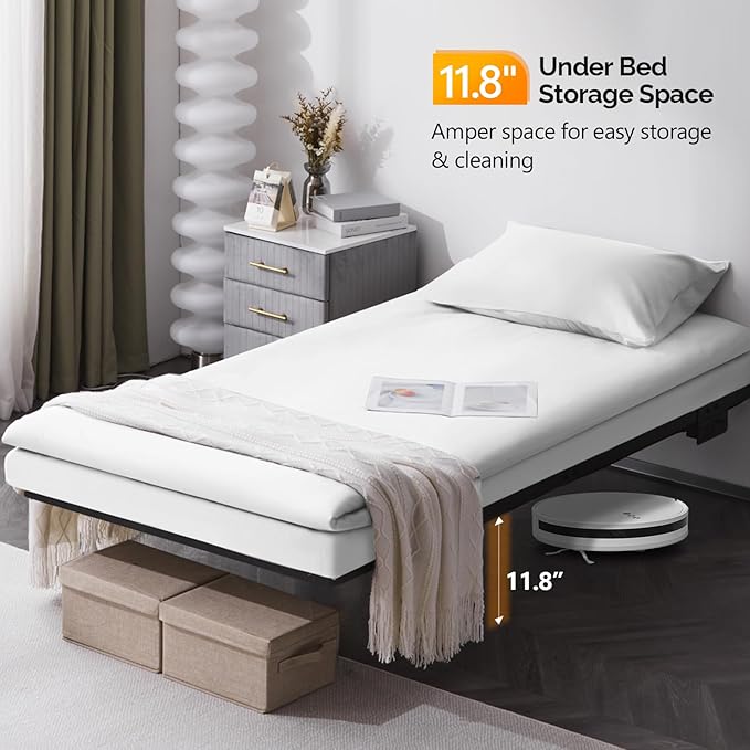 VINGLI 14 Inch Twin Floating Bed Frame with USB Charging Station/LED Lights, Single Platform Bed Foudation Base Heavy Duty Metal Slat, No Box Spring Needed,Black