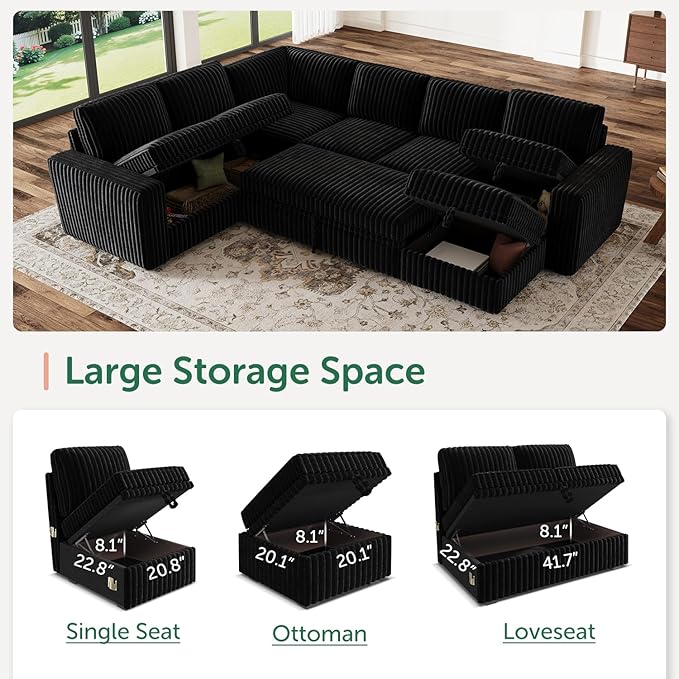 HONBAY Modular Sectional Sleeper Sofa with Pull Out Bed,Corduroy U Shaped Couch with Storage, Sectional Couches for Living Room,Black