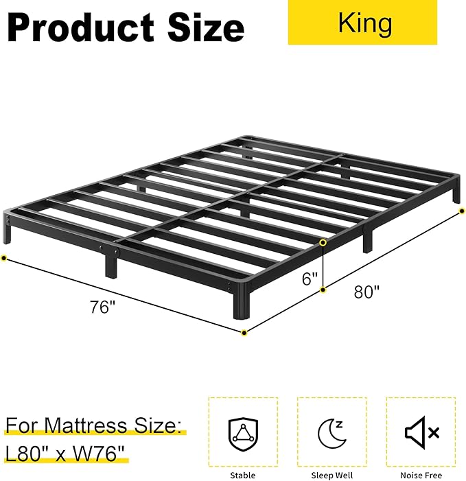 Yicensen 6 Inch Low Profile King Bed Frame with Rounded Corner Legs Heavy Duty Metal King Size Platform Bed Frame No Box Spring Needed, Easy Assembly, Noise Free, Black.