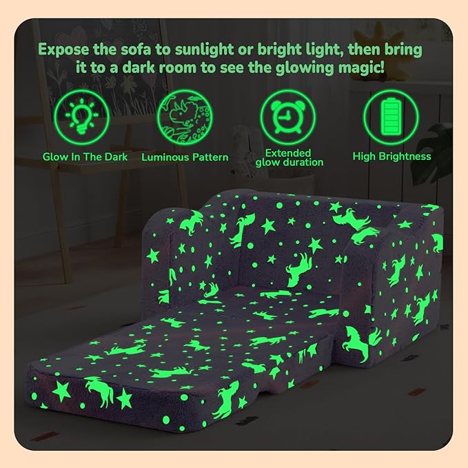 MeMoreCool Glowing Lavender Unicorn Kids Chair, 2-in-1 Convertible Kids Couch with Glow-in-the-Dark Purple Unicorn Design, Fold-Out Foam Sofa for Girls Ages 1-3, Washable Cover, Playroom Lounger | Reading, Relaxing