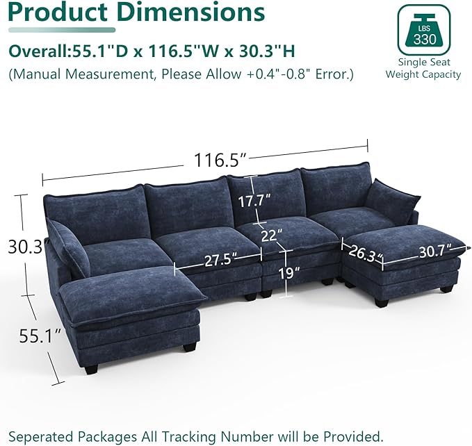 Modular Sectional U Shaped Sofa Couches for Living Room, Cloud Couch with Movable Ottoman, Comfy Chenille Sofa with Pillow for Bedroom and Apartment,Blue