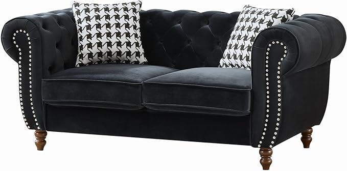 Comfortable Straight-Row Sofa with 2 Pillows,67" Refined Velvet 2 Seat Sofa with Roll Armrest & Nailhead,Sturdy Structure Upholstered Loveseat Couch for Apartment,Office,Reception Area,Black