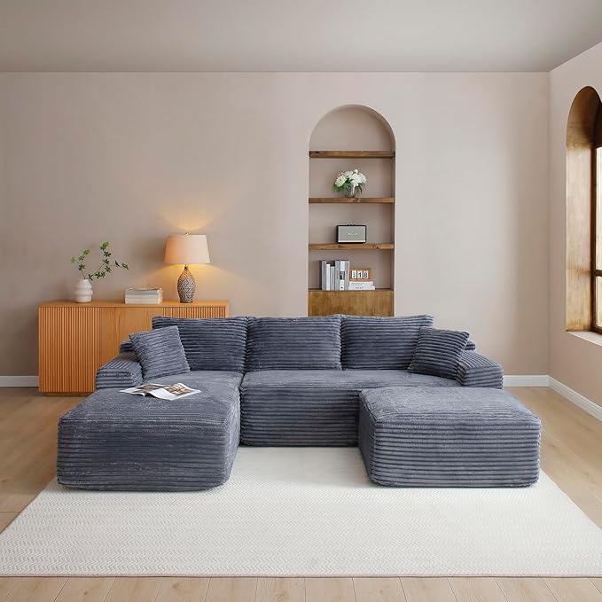 108" Cloud Sectional Couch,Modern Modular Sectional Sofa with Deep Seat,Corduroy Boneless Couches with L-Shape Chaise for Living Room,No Assembly Required (Grey, Left Facing Chaise + Ottoman)