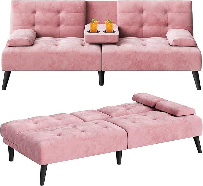 Meilocar Futon Sofa Bed, Modern Convertible Sofa Couch Recliner, 64 in Adjustable Sofa Bed for Living Room, Removable Armrest Pillow, 2 Cup Holders, 3 Angles Back, 5.3FT, Pink