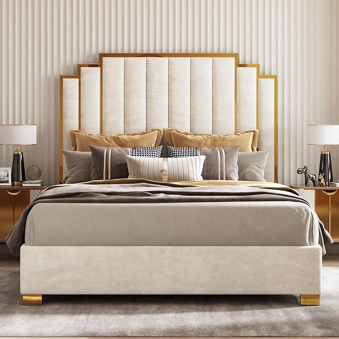 AMERLIFE California King Size Upholstered Bed, Modern Velvet Bed Frame with 65.4” Tall Gold Trim Headboard, No Box Spring Needed, Cream